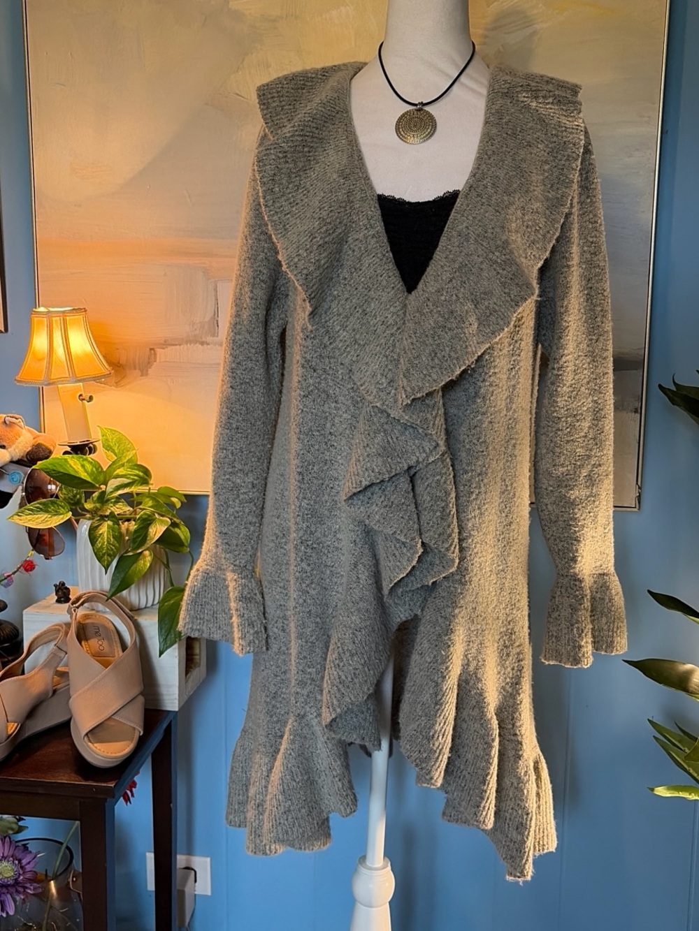 Style & Co. Gray Ruffled Open-Front Cardigan Jacket